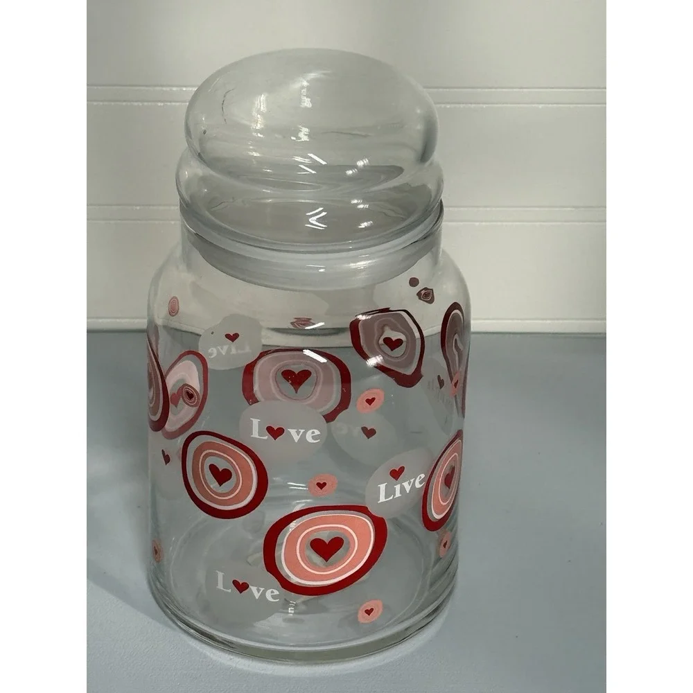 Libbey Glass‎ Valentines Day Glass Candy Jar Live Love Laugh